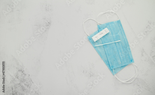 Принти на полотні COVID-19 (SARS-CoV-2) rapid antigen nose-swabbing test kit (Colloidal gold) for self-testing, with negative result and protective blue disposable face masks