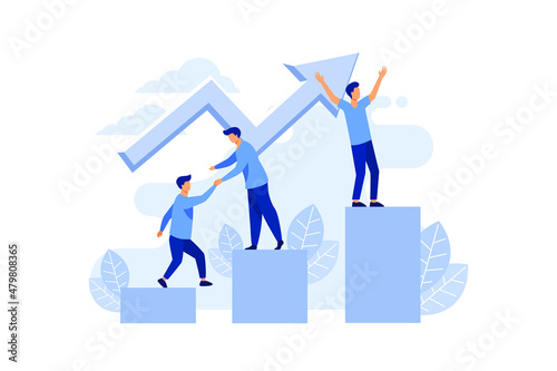 vector business illustration a group of people characters are thinking over an idea. prepare a business project start up. rise of the career to success, flat color icons, business analysis flat vector