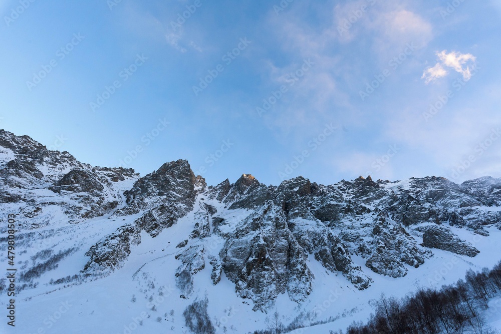 north Ossetia is mountainous in winter. Snowy mountain landscape. panorama of the winter landscape. resort area. rocks panoramic view