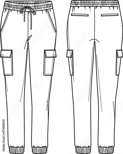 Vector jogger for woman technical drawing, woman pants with waistband and pockets detail fashion, template, sketch, flat. Woman trousers with front, back view, white color