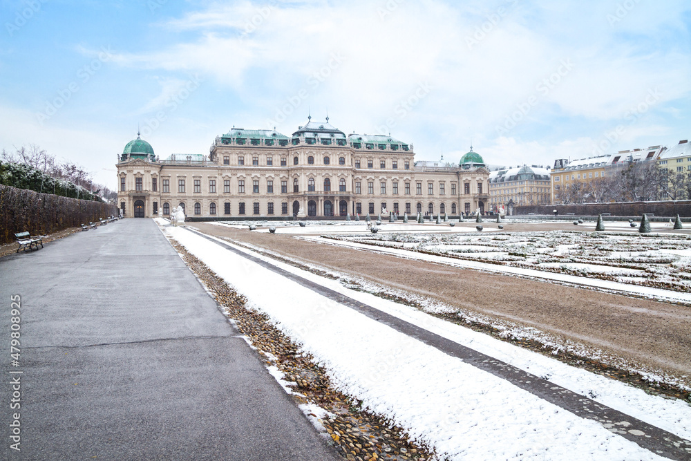Upper Belvedere Palace. Schlossgarten and Belvederegarten (Gardens) covered with snow. Winter in Vienna, Austria.
