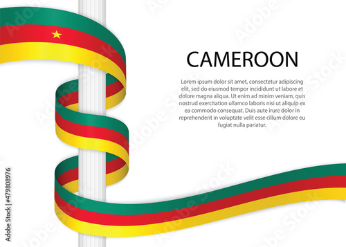 Waving ribbon on pole with flag of Cameroon. Template for independence day
