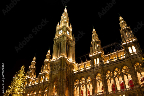 Vienna City Hall by night. Wiener Rathaus on Rathausplatz in the Innere Stadt district. Office of the Mayor  chambers of city council and Landtag  Austria.