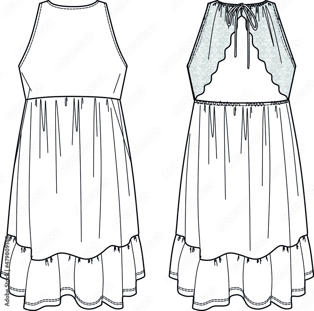 Vector summer dress fashion sketch, dress with lace detail technical ...