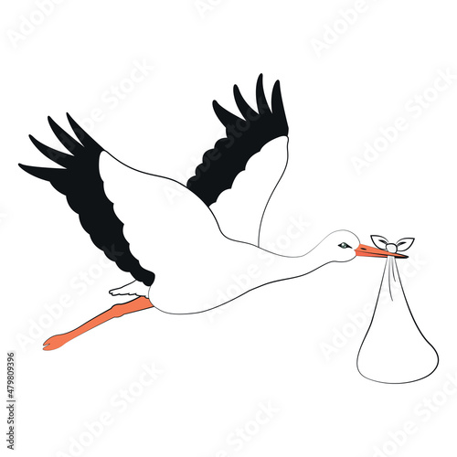 cartoon stork with newborn baby in a bag vector