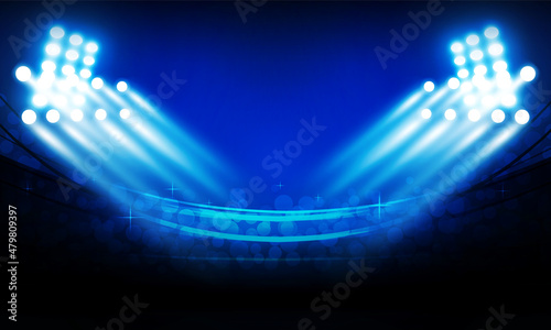 Football arena field with bright stadium lights vs letters for sports and fight competition vector design