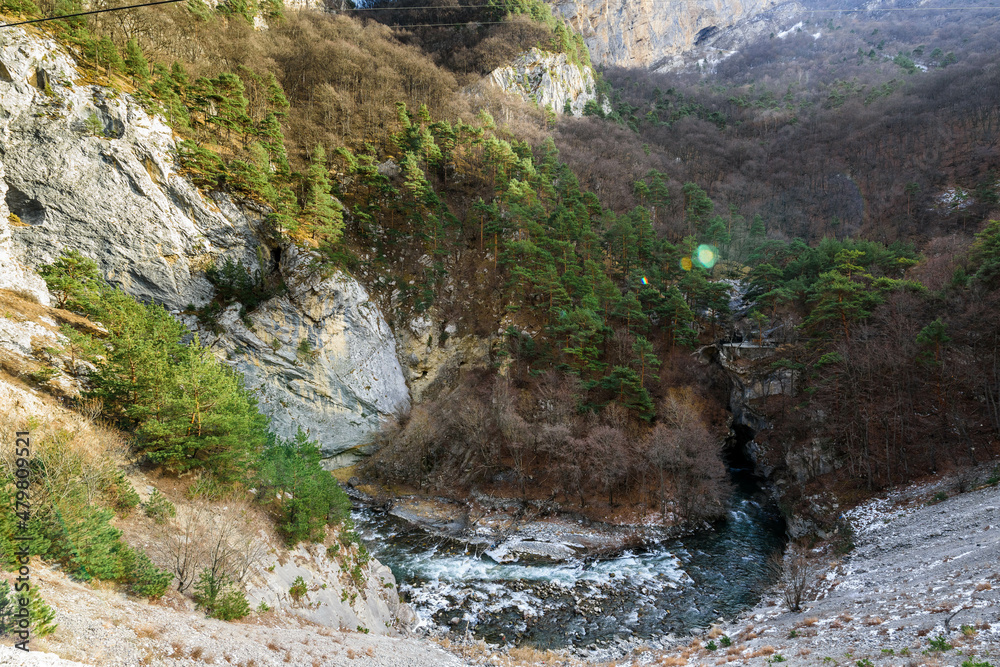 north Ossetia is mountainous in winter. Snowy mountain landscape. panorama of the winter landscape. resort area. rocks panoramic view north Ossetia is mountainous in winter. Snowy mountain landscape. panorama of the winter landscape. resort area. rocks panoramic view