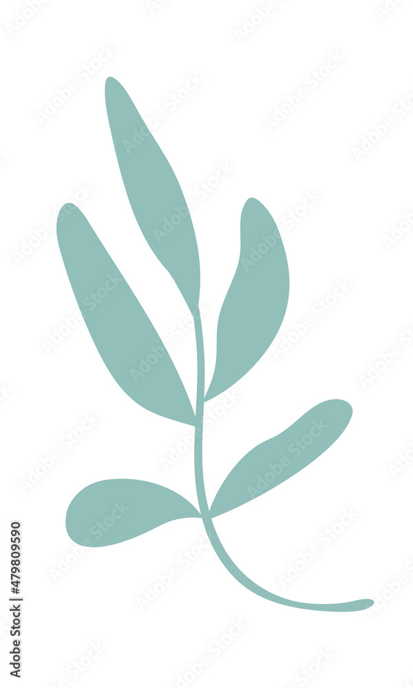Blue botanical branch with leaves. Clipart.