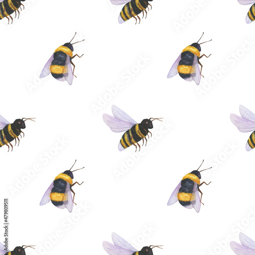 Bee watercolor seamless pattern isolated on white background. Summer insects digital paper for textile, fabric, kids wallpaper.  © Tanya Trink