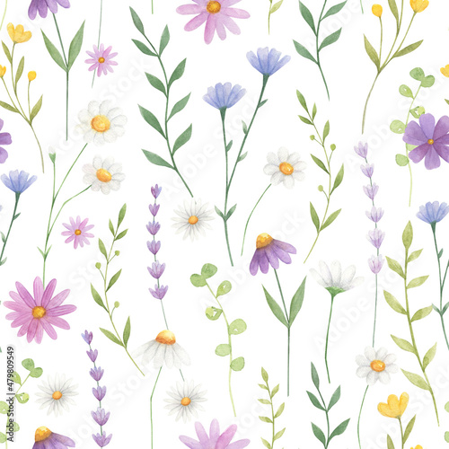 Wildflowers watercolor seamless pattern isolated on white background. Summer floral digital paper for textile, fabric, kids wallpaper. 