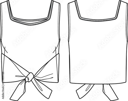 Vector square neck top with bow detail fashion CAD, sleeveless crop woman top technical drawing, template, sketch, flat. Jersey or woven fabric blouse with front, back view, white color