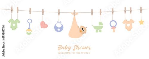 baby shower welcome greeting card for childbirth with hanging utensils