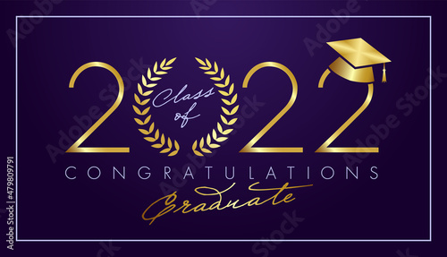 Class of 2022 year graduation awards. Award of the year. Class off or back to school idea. Golden digits 20 22 and round palm wreath. Isolated abstract graphic design template. Handwriting calligraphy