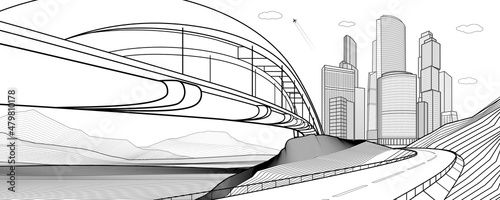 City infrastructure industrial and cityscape illustration. Bridge over river. Automobile road in mountains. Black outlines on white background. Vector design art