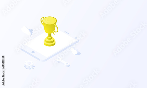 Mobile Social media championship cup of soccer concept in isometric background vector design.