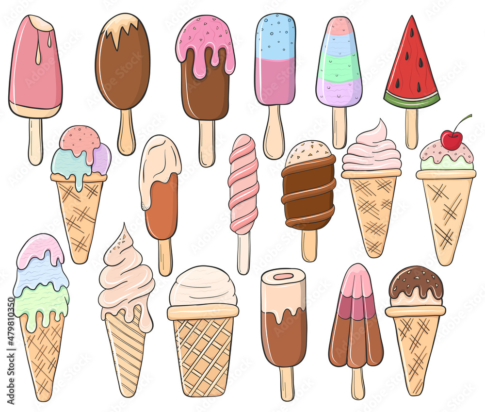 Set of different chocolate, fruit and berry ice cream hand drawn for summer cards Set of different chocolate, fruit and berry ice cream hand drawn for summer cards