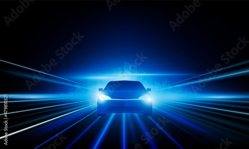 Abstract speed Business Start up launching product with Electric car and city concept Hitech communication concept innovation background,  vector design
