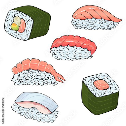 Set of different sushi for for Japanese cuisine card design