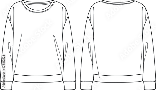 Vector fashion sketch sweatshirt with bow, women sweatshirt technical drawing, fashion CAD long sleeved top with gathering detail