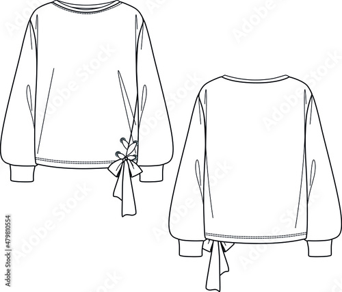 Vector fashion sketch sweatshirt with bow, women sweatshirt technical drawing, fashion CAD long sleeved top with gathering detail