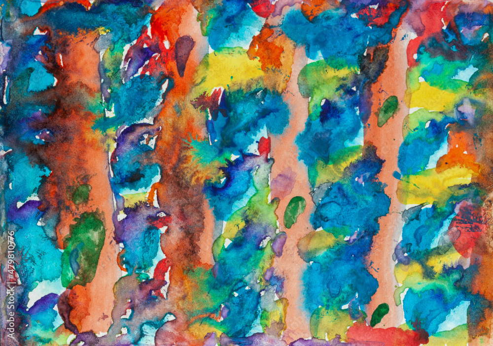 Watercolour colourful. Abstract background. Splashes. Orange, red, blue, yellow. Aquarell paper. Hand painted