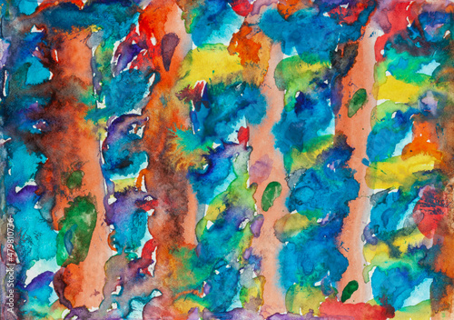 Watercolour colourful. Abstract background. Splashes. Orange, red, blue, yellow. Aquarell paper. Hand painted