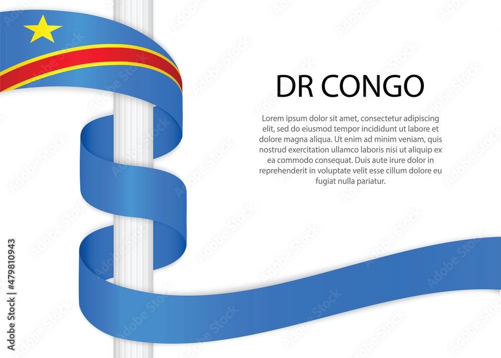 Waving ribbon on pole with flag of DR Congo. Template for independence day