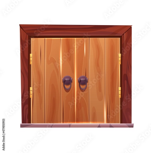 Antique medieval wooden door with metal round handle . Gothic entrance, gate in a castle, church or house.