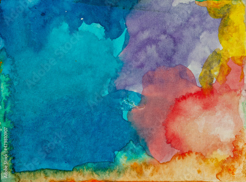 Watercolour painting. Colorful. Abstract background. Splashes. Green, yellow, gray, yellow colour. Aquarell paper. Hand painted.