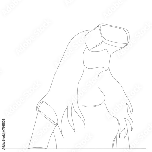 girl in virtual reality glasses drawing by one continuous line, isolated, vector