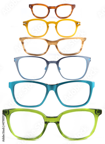 collage of eyeglass frames on a white background. Glasses on a white background, collage