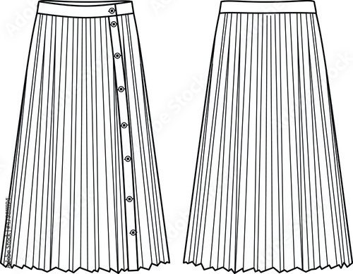Vector plisse skirt fashion CAD, woman pleated skirt technical drawing, template, sketch