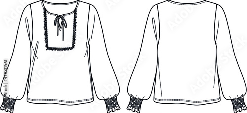 Vector long sleeved blouse technical drawing, round neck woman top fashion CAD, sketch, template, flat