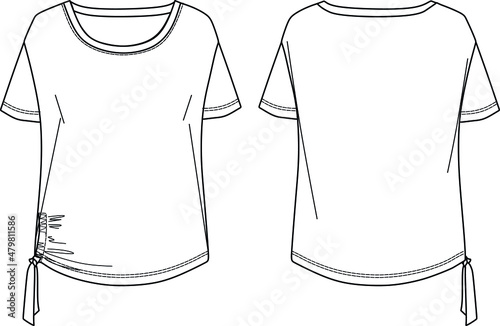 Vector short sleeved T-Shirt with side gathering fashion CAD, woman round neck T-Shirt technical drawing, sketch, template, flat, mock-up. Jersey or woven fabric top with front, back view, white color