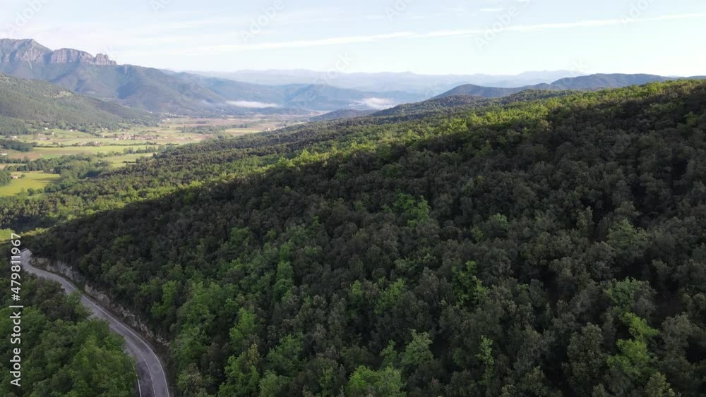 Aerial scene with drone of the spring landscape in La Vall D En Bas, La Garrotxa, Girona, Spain. 4K UHD Aerial scene with drone of the spring landscape in La Vall D En Bas, La Garrotxa, Girona, Spain. 4K UHD