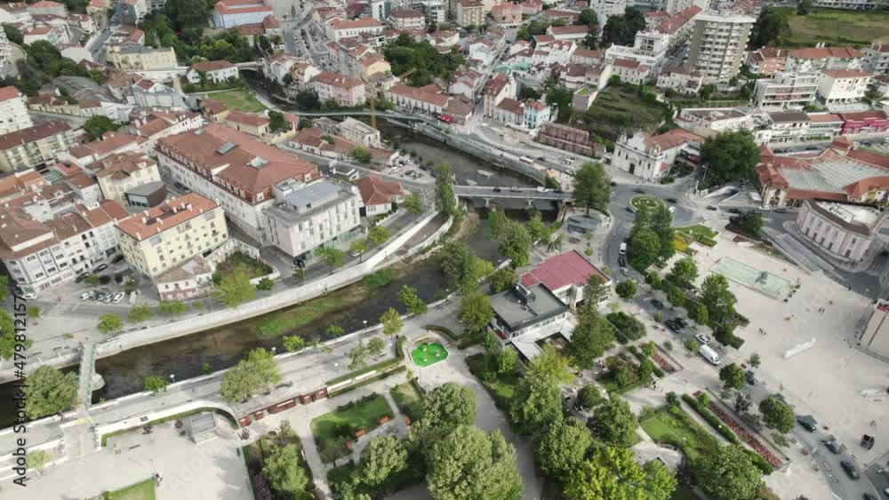 Top down view Leiria downtown cityscape with Lis River canal, Portugal Top down view Leiria downtown cityscape with Lis River canal, Portugal