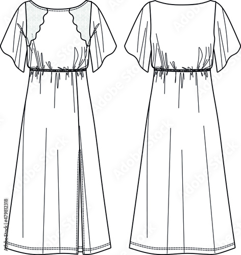 Vector short sleeved maxi dress technical drawing, woman dress with lace detail and slit in front fashion CAD, sketch, template