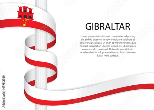 Waving ribbon on pole with flag of Gibraltar. Template for independence day