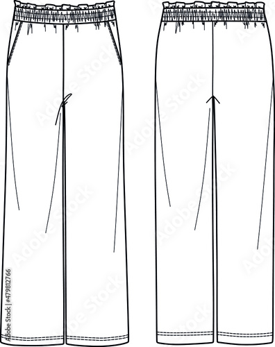 Vector wide leg pants technical drawing, loungewear paper bag pants with front pockets fashion CAD, straight legged jogger sketch, template