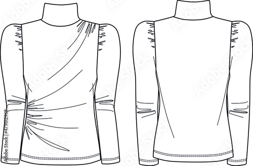Vector turtle neck long sleeved top fashion CAD, woman winter t shirt technical drawing, top with frill detail flat, template, sketch.Jersey or woven fabric blouse with front, back view, white color