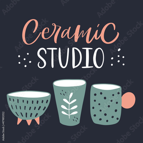 Vector calligraphy illustration. Slogan of Ceramic studio. Retro style. Icon of three cute cups. Tee shirt graphic. Print for pottery hobby, tableware, craft home decor.