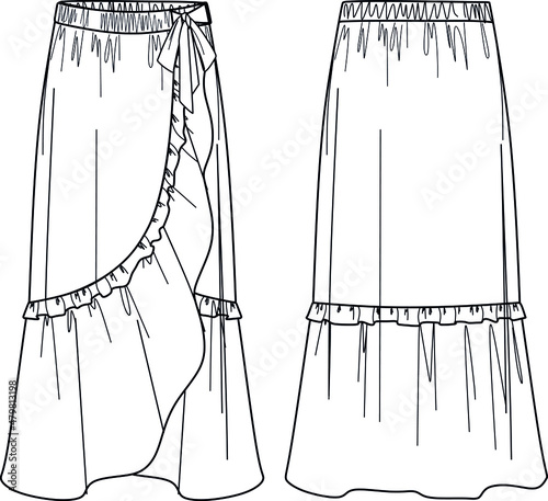 Vector maxi skirt fashion CAD, woman long skirt with frills technical drawing, template, sketch, flat
