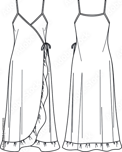 Vector scrappy long dress fashion CAD, woman maxi wrapped dress technical drawing, frill and bow detail dress flat, template, sketch. Jersey or woven fabric dress, front, back view, white color