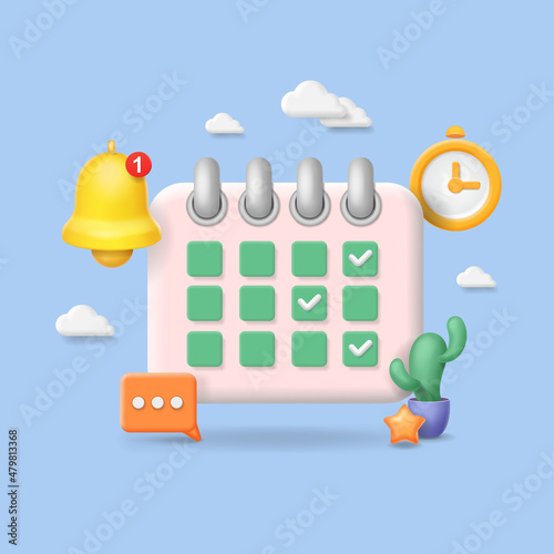 Reminder 3D concept, Notifications icon, calendar, clock. Business plannin, alarm sign, event date message. Vector Illustration