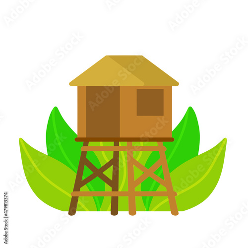 Bungalow. Tropical hut on poles. Exotic southern wooden house. Flat cartoon illustration