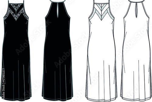 Vector sleeveless evening dress fashion CAD, woman special occasion dress with lace details technical drawing, template, sketch, flat 