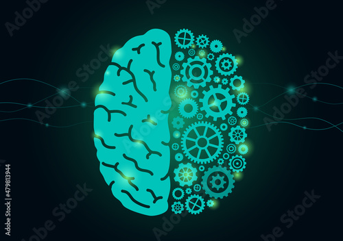 Half side of the brain is made from gears. Concept illustration about working hard of the human neural for creativity.