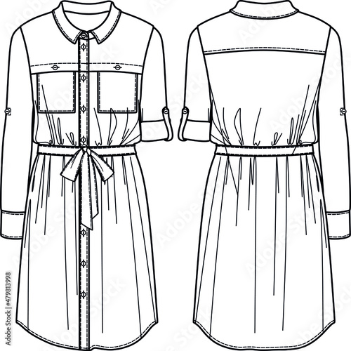 Vector winter shirt dress fashion CAD, woman long sleeved shirt dress technical drawing, dress with pockets and buttons sketch, flat, template
