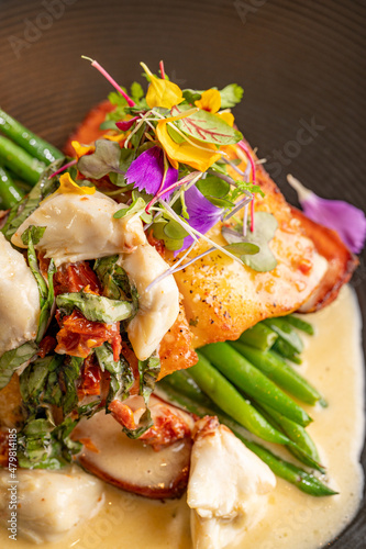 Snapper with Lump Crabmeat, Beurre Blanc, Sweet Potato and Haricots Verts