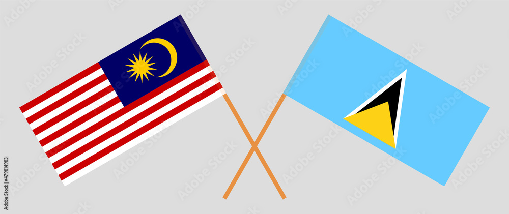 Crossed flags of Malaysia and Saint Lucia. Official colors. Correct proportion Crossed flags of Malaysia and Saint Lucia. Official colors. Correct proportion
